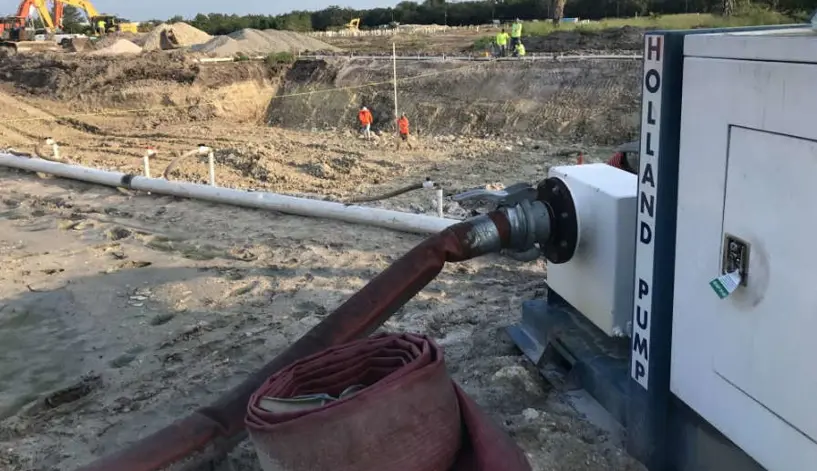 A rented Holland Pump wellpoint pump in operation on a construction site in the US