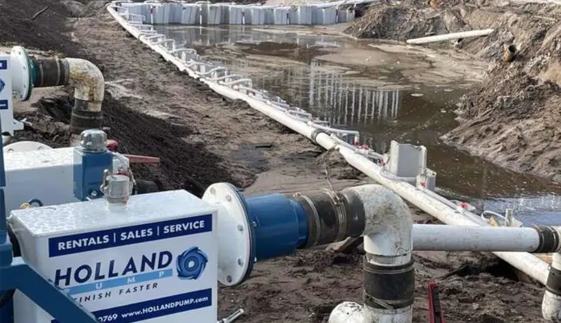 A Holland Pump wellpoint pump and rented wellpoint equipment on a construction site in the US