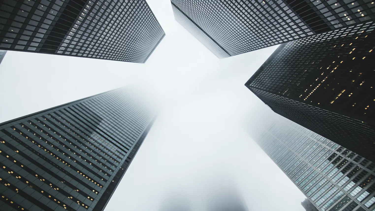 Skyscrapers emerging from a foggy city